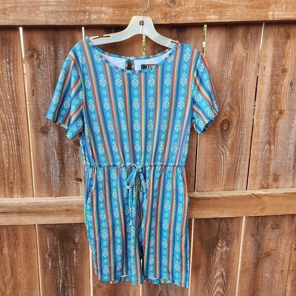 Lucky & Blessed Southwest Serape Stripe Shorts Romper Turquoise size Small